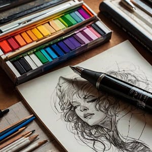 Artistic drawing along with drawing utensils