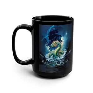 Water Dragon Coffee Mug view from the left side of the cup showing the bright blues and greens of the water dragon.
