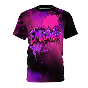 Empower Graphic T-shirt with bright splashes of hot pink and purple paint graffiti style