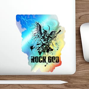 Rock God Holographic Sticker on a laptop