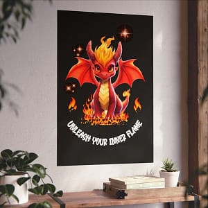 Whimsical Dragon Poster displayed on a wall above a table