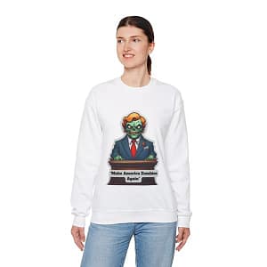 Zombie Politics White Sweatshirt Front on Person