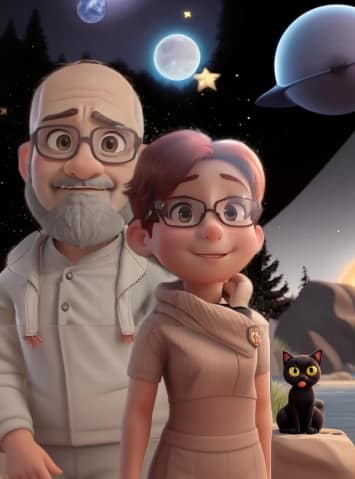 AI generated cartoon of Albert and Gabby Mish along with a little black cat to represent our furry friends.