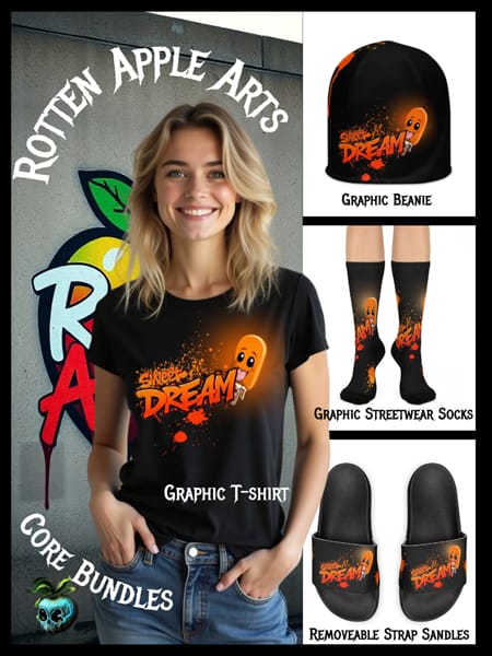 Sweet Dream Bundle featuring a t-shirt, beanie, socks, and deco slides.