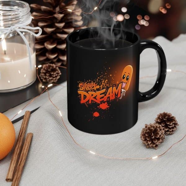 Sweet Dream coffee mug sitting on a festive fall countertop