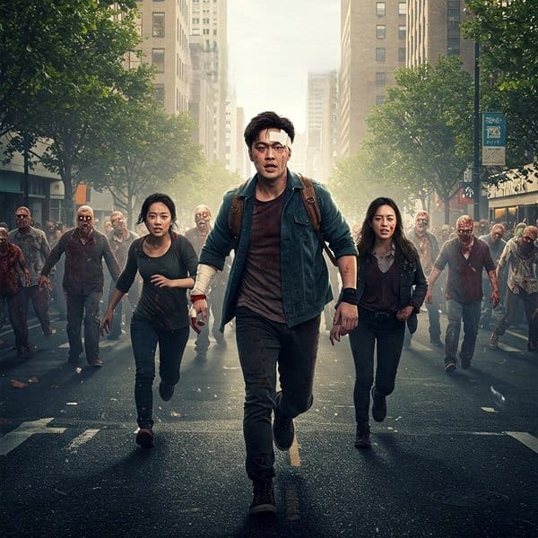 scene from a zombie flick with people walking briskly down a city street filled with zombies