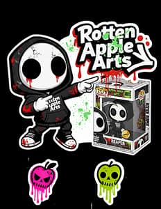 Rotten Apple Arts Funko over there. The Rotten Apple Arts Reaper is pointing at the Rotten Apple Arts name over a fictious Reaper Funko Pop.