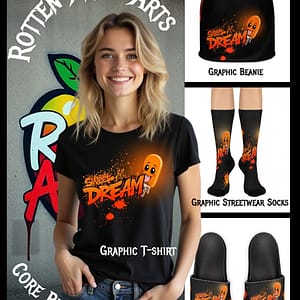 Sweet Dream Bundle featuring a t-shirt, beanie, socks, and deco slides.
