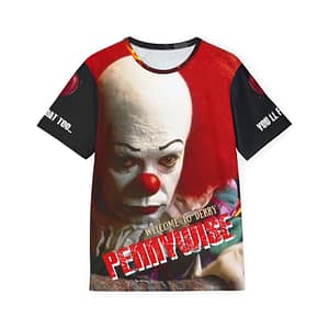 Front view of a premium all-over print t-shirt featuring a highly detailed, vibrant color portrait of the iconic 1990 Pennywise the Clown with striking red hair and a red nose. Bold, distressed red text below the image reads "WELCOME TO DERRY PENNYWISE". The sleeves are solid black with white text reading "YOU'LL FLOAT TOO..." next to a red balloon graphic.