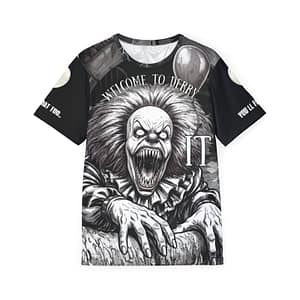 Front view of a premium all-over print t-shirt featuring a gritty, high-contrast black and white illustration of a terrifying, razor-toothed monster clown clawing its way forward. The arched text above reads "WELCOME TO DERRY" alongside a white graphic of the word "IT" and a floating balloon. The sleeves are solid black with white text.