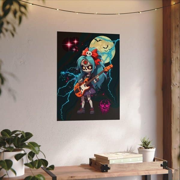 Zombees Luzi Flores Bass Guitarist Poster on a wall above a desk