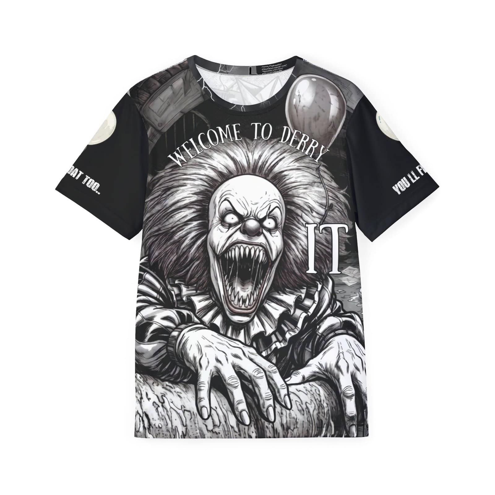 Front view of a premium all-over print t-shirt featuring a gritty, high-contrast black and white illustration of a terrifying, razor-toothed monster clown clawing its way forward. The arched text above reads "WELCOME TO DERRY" alongside a white graphic of the word "IT" and a floating balloon. The sleeves are solid black with white text.